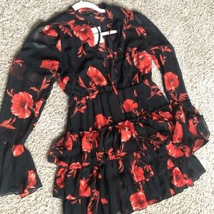 Semi-Sheer Floral Tiered Flounce Dress
